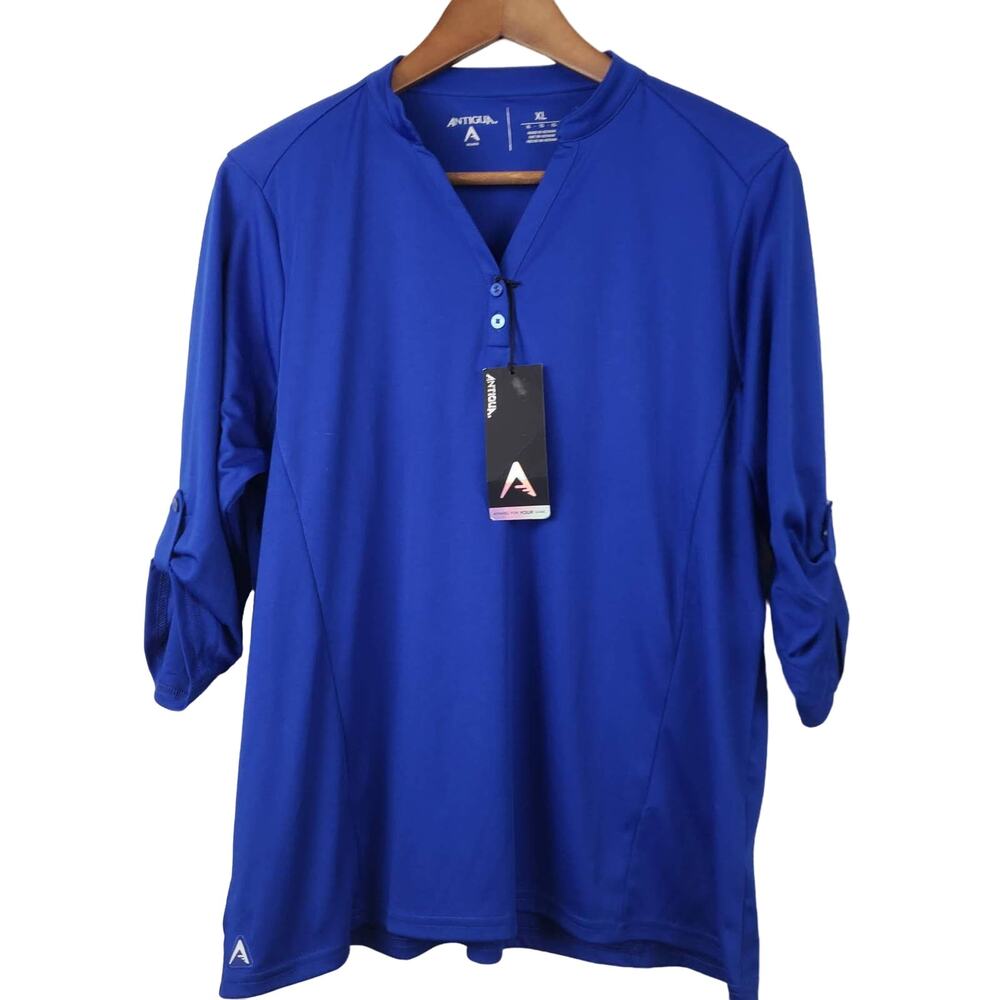 NEW! Antigua Polo Blouse Women Cuff Sleeve Blue V Neck - XL